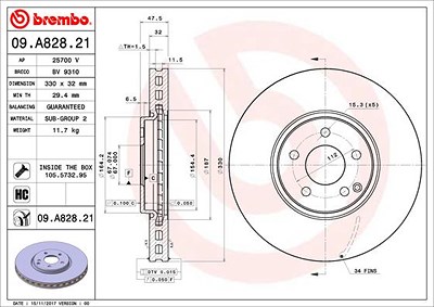 Brembo 1x Bremsscheibe [Hersteller-Nr. 09.A828.21] für Mercedes-Benz von BREMBO