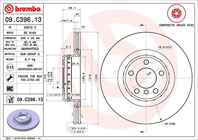 Brembo 1x Bremsscheibe [Hersteller-Nr. 09.C396.13] für BMW von BREMBO