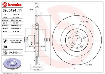 Brembo 1x Bremsscheibe [Hersteller-Nr. 09.D424.11] für Audi, Honda, VW von BREMBO