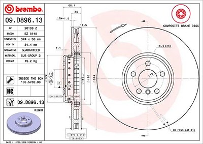 Brembo 1x Bremsscheibe vorne rechts [Hersteller-Nr. 09.D896.13] für BMW von BREMBO