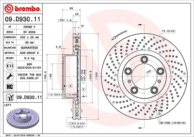Brembo 1x Bremsscheibe vorne links [Hersteller-Nr. 09.D930.11] für Porsche von BREMBO