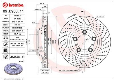 Brembo 1x Bremsscheibe belüftet vorne rechts [Hersteller-Nr. 09.D933.11] für Porsche von BREMBO