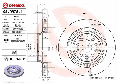 Brembo 1x Bremsscheibe [Hersteller-Nr. 09.D975.11] für Lexus von BREMBO