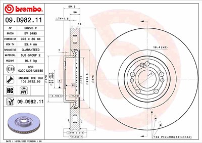 Brembo 1x Bremsscheibe [Hersteller-Nr. 09.D982.11] für Mercedes-Benz von BREMBO