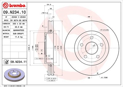 Brembo 1x Bremsscheibe [Hersteller-Nr. 09.N234.11] für Dodge, Jeep von BREMBO
