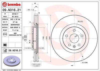 Brembo 1x Bremsscheibe [Hersteller-Nr. 09.N316.21] für Opel, Vauxhall von BREMBO