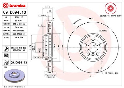 Brembo 1x Bremsscheibe belüftet vorne links [Hersteller-Nr. 09.D094.13] für BMW, Toyota von BREMBO