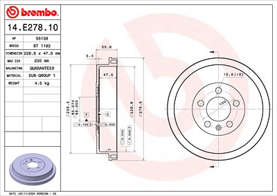 Brembo Bremstrommel [Hersteller-Nr. 14.E278.10] für Skoda, VW von BREMBO