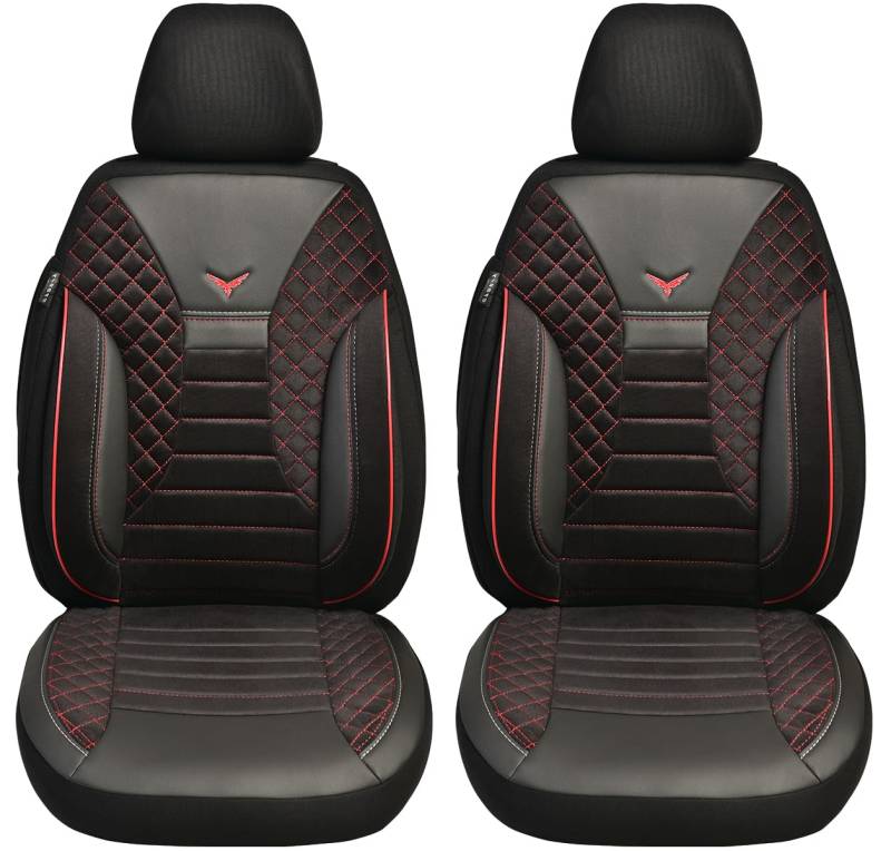 BREMER SITZBEZÜGE Maß Auto Schonbezüge kompatibel mit Renault Scenic 3 Fahrer & Beifahrer Set ab 2009-2016 / Auto Schonbezug Velour Kunstleder Set 2er Pack in Schwarz/Rote Naht (PS802) von BREMER SITZBEZÜGE