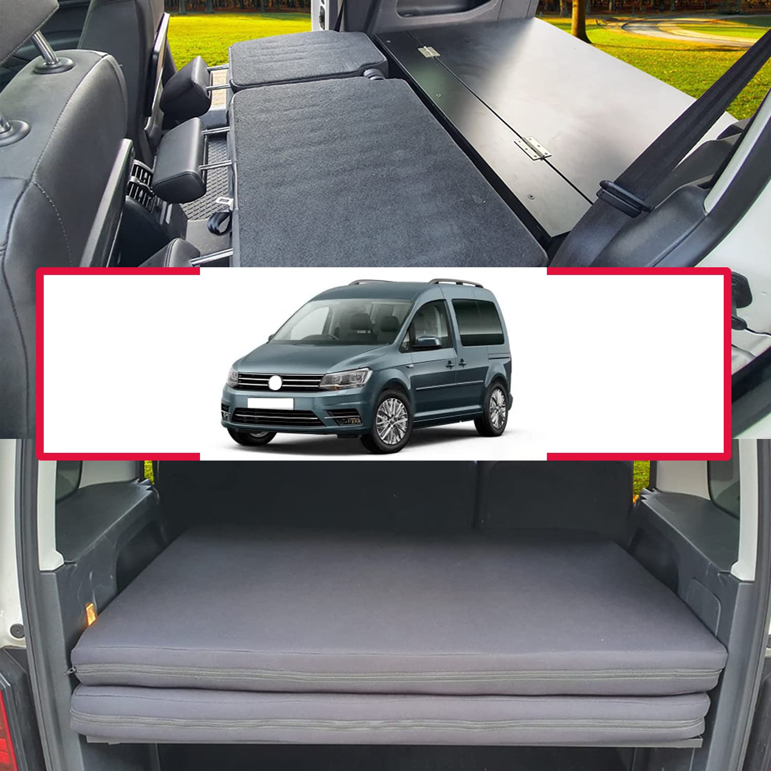 BREMER SITZBEZÜGE Multiflexboard klappbar& Klappmatratze kompatibel mit VW Caddy ab 2003-2022 Bettverlängerung Camping Zubehör Wohnmobilbett Camper Schlafauflage Höhe ca. 31cm Konsolen in Schwarz von BREMER SITZBEZÜGE