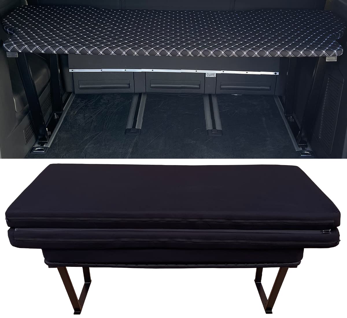 BREMER SITZBEZÜGE Multiflexboard kompatibel mit VW T5 T6 T6.1 Multivan Bettverlängerung Camper Schlafauflage Höhe 51cm inkl. Konsolen & Klappmatratze Schwarz Gestepptes Muster Weiß MF408 von BREMER SITZBEZÜGE