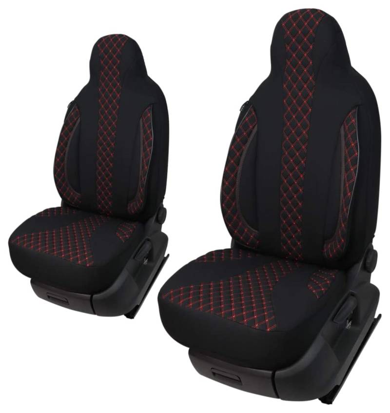 Maß Sitzbezüge Schonbezüge Pilotsitze Fahrer & Beifahrer Set kompatibel mit Wohnmobil FIAT Ducato, Pössl, Knaus, Adria, Carthago, Pilote Laika WPL402 Schwarz/Rote Naht von BREMER SITZBEZÜGE