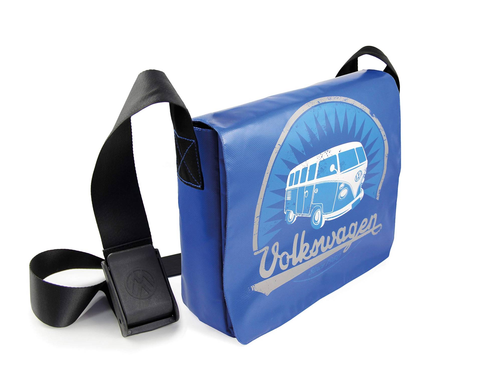 BRISA VW Collection - Volkswagen Vintage-Outdoor-Schulter-Umhänge-Tasche aus Tarpaulin im T1 Bus Design (Groß/Vintage/Blau) von BRISA