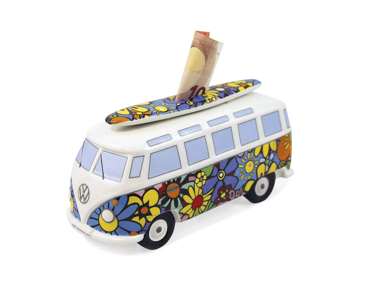 BRISA VW Collection - Volkswagen Spar-Büchse-Schwein-Dose mit Surfbrett im T1 Bulli Bus Samba Design (Flower Power/Bunt) von BRISA