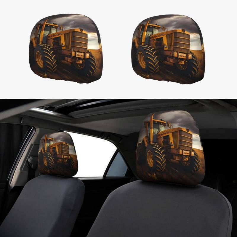 Broleo Traktor In The Field Prints Auto Kopfstützenbezug 2-teiliges Set Innenzubehör Dekoration Fit Pkw Vans LKW Universal Sitzzubehör von BROLEO