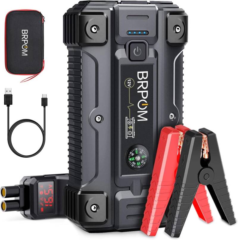 BRPOM Starthilfe Powerbank 5000A Spitzenstrom 26800mAh Auto Starthilfe mit LCD-Display(Für alle Benzinmotor oder 10,0L Dieselmotoren), Portable Starthilfegerät mit LED Taschenlampe von BRPOM