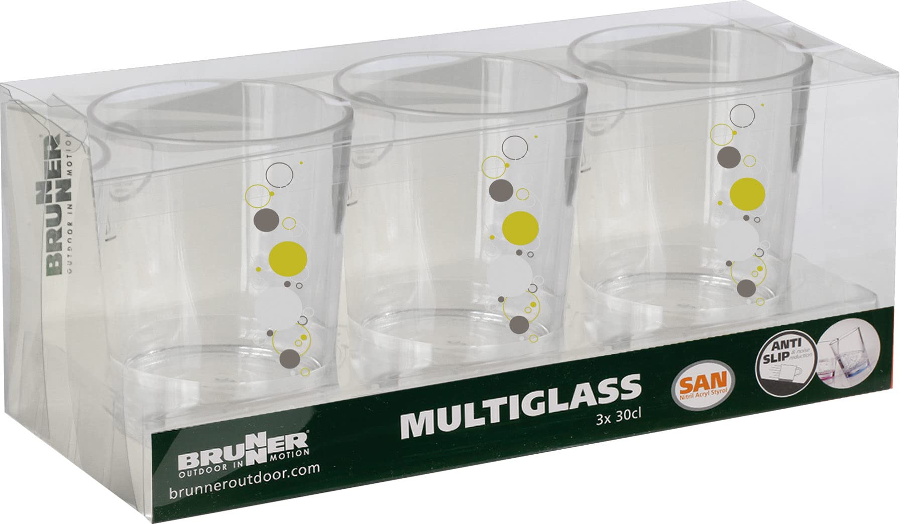 BRUNNER 0830185C.C7B Set 3 transparente Gläser mit bunten Punkten, Multiglass Space, bruchsichere Gläser aus Stirol-Acrylnitril, V 30 Cl, Antislip von BRUNNER