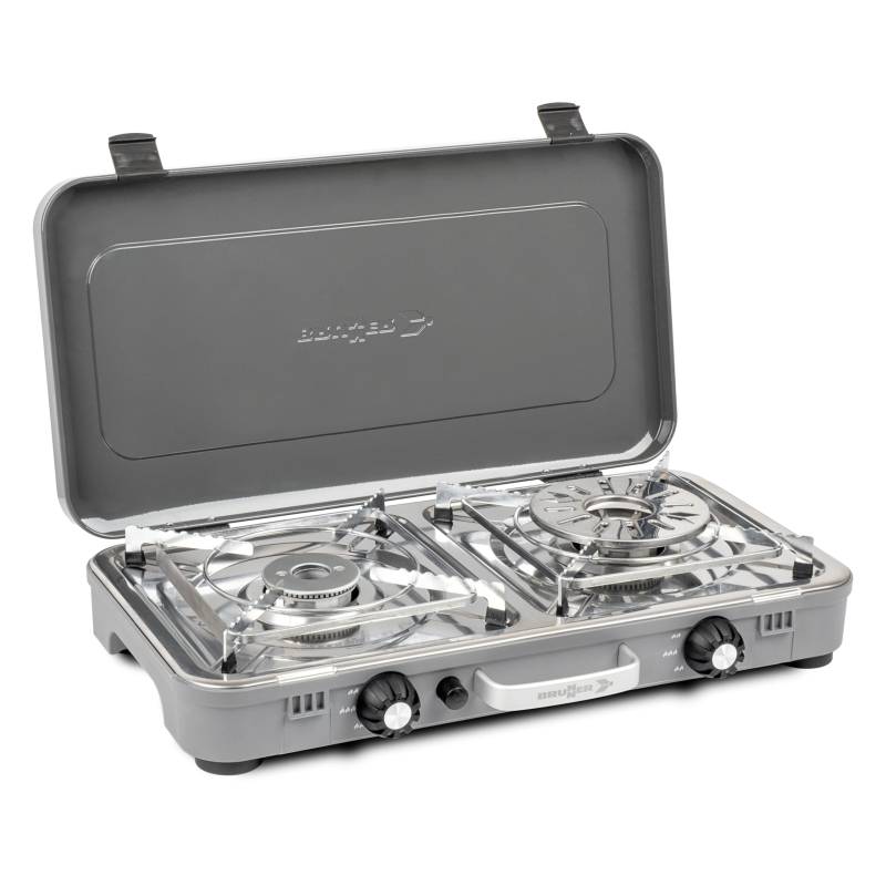 Brunner DEVIL Gaskocher Kookmaster GP – Doppelbrenner 2,4 kW, Piezo-Zündung, Deckel und Tragegriff, mit glatter und geriffelter Grillplatte, 30 mbar, perfekt für Outdoor-Küche von BRUNNER