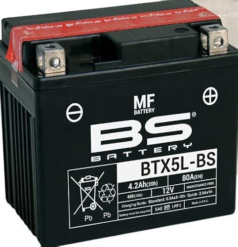 Motorradbatterie BS BTX5L-BS (YTX5L-BS) - wartungsfrei - 12 V 4 Ah - Maße: 113 x 70 x 105 mm kompatibel mit KYMCO Easy 100 von BS Battery