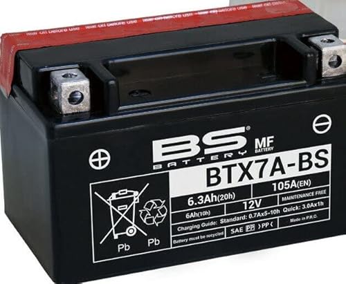 Motorradbatterie BS BTX7A-BS (YTX7A-BS) wartungsfrei - 12 V 6 Ah - Maße: 150 x 87 x 93 mm kompatibel mit SYM Attila 125 1999-2000 von BS Battery