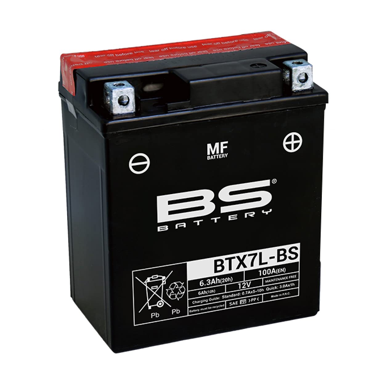 Motorradbatterie BS BTX7L-BS (YTX7L-BS) - wartungsfrei - 12V 6Ah - Maße: 113x70x130mm kompatibel zu APRILIA SR125 125 1999-2001 von BS Battery