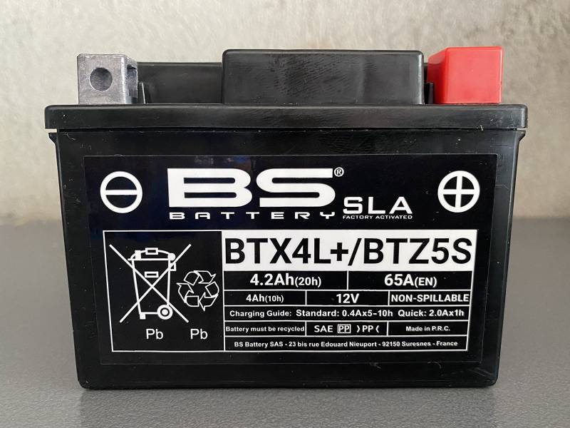 Motorradbatterie BS SLA BTX4L+ (YTX4L-BS) AGM - Wartungsfrei - 12 V 3 Ah - Maße: 113 x 70 x 85 mm kompatibel mit HONDA BC100 100 von BS Battery