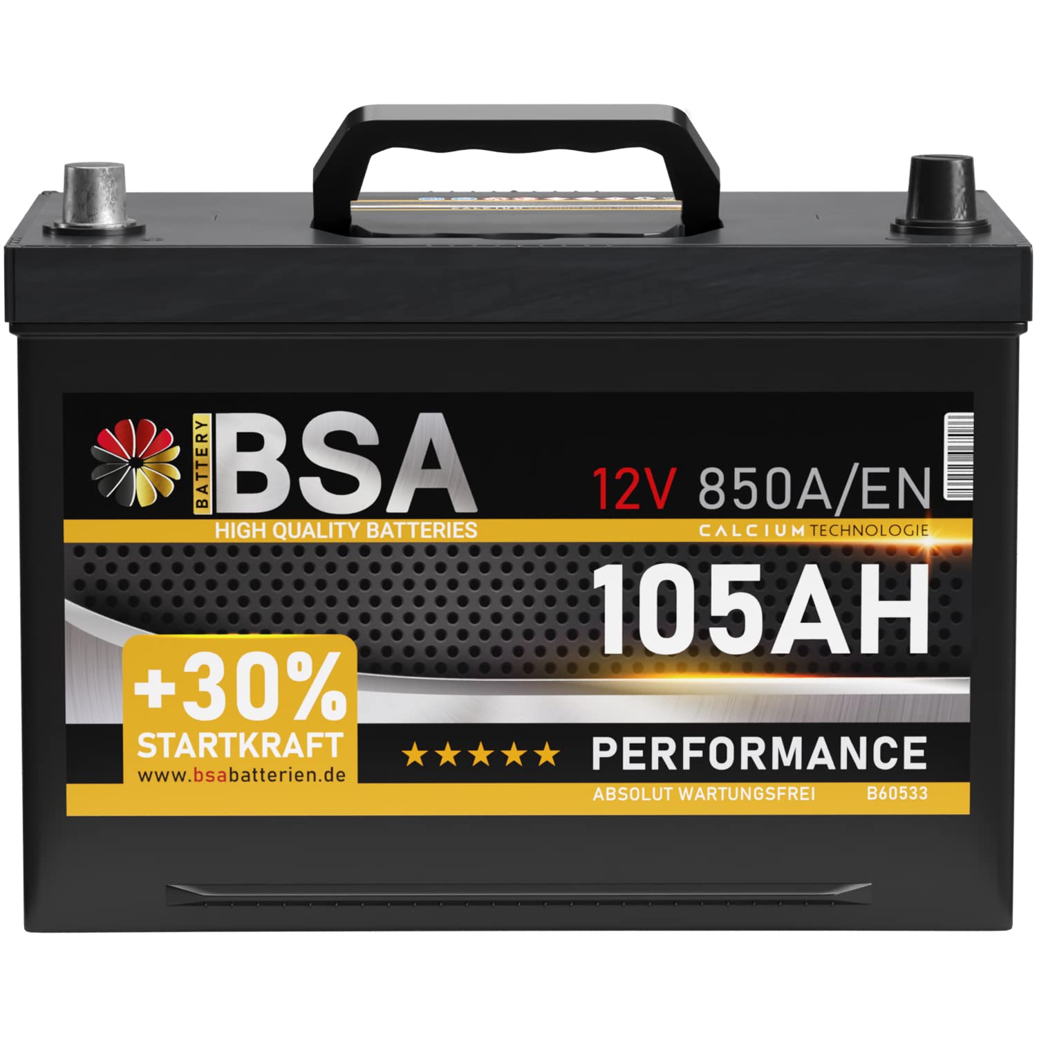 BSA ASIA Autobatterie 105Ah 12V 850A/EN ASIA Batterie Plus-Pol Links 30% mehr Startleistung ersetzt 95Ah 100Ah BSA ASIA Autobatterie 105Ah 12V 850A/EN ASIA Batterie Plus-Pol Links 30% mehr Startleistung ersetzt 95Ah 100Ah von BSA BATTERY HIGH QUALITY BATTERIES