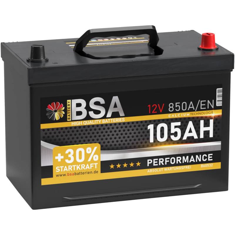 BSA ASIA Autobatterie 105Ah 12V 850A/EN ASIA Batterie Plus-Pol Rechts 30% mehr Startleistung ersetzt 95Ah 100Ah von BSA BATTERY HIGH QUALITY BATTERIES