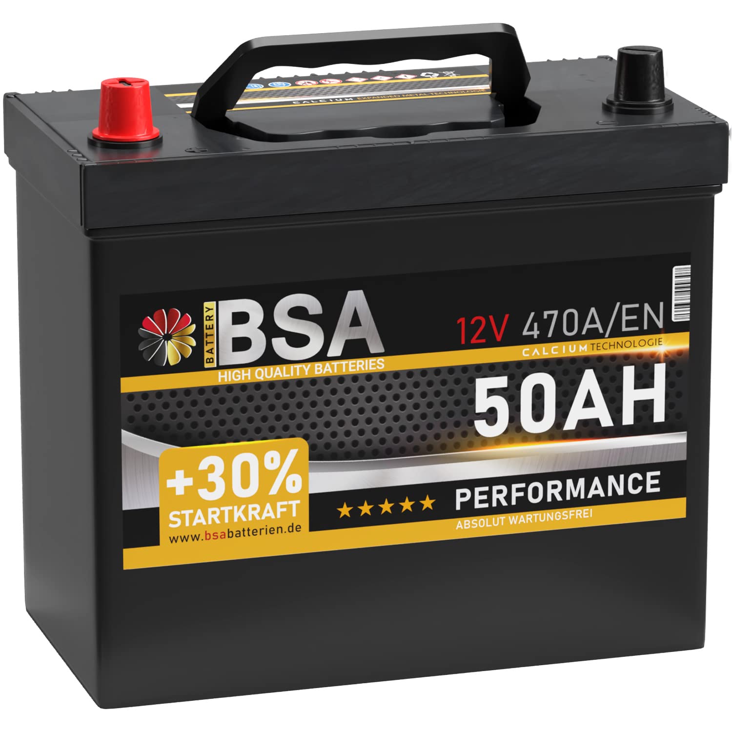 BSA ASIA Autobatterie 50Ah 12V 470A/EN ASIA Batterie Plus-Pol Links 30% mehr Startleistung ersetzt 45Ah 47Ah von BSA BATTERY HIGH QUALITY BATTERIES