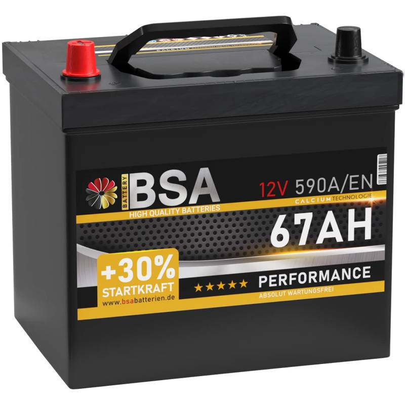 BSA ASIA Autobatterie 67Ah 12V 590A/EN ASIA Batterie Plus-Pol Links 30% mehr Startleistung ersetzt 60Ah 65Ah von BSA BATTERY HIGH QUALITY BATTERIES