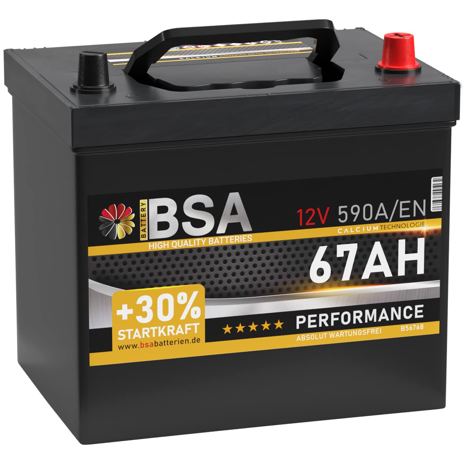 BSA ASIA Autobatterie 67Ah 12V 590A/EN ASIA Batterie Plus-Pol Rechts 30% mehr Startleistung ersetzt 60Ah 65Ah von BSA BATTERY HIGH QUALITY BATTERIES