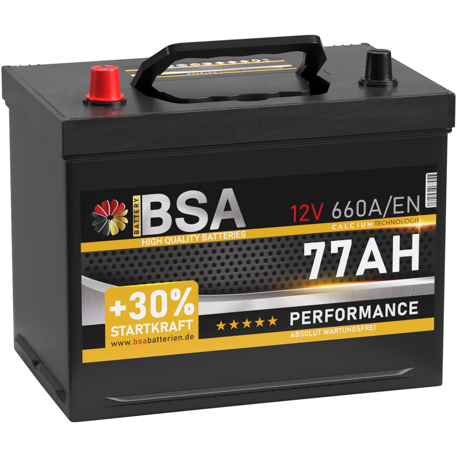 BSA ASIA Autobatterie 77Ah 12V 660A/EN ASIA Batterie Plus-Pol Links 30% mehr Startleistung ersetzt 70Ah 80Ah von BSA BATTERY HIGH QUALITY BATTERIES