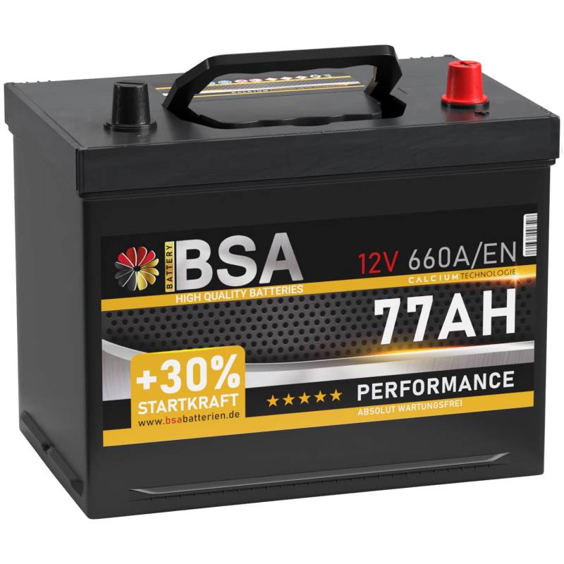 BSA ASIA Autobatterie 77Ah 12V 660A/EN ASIA Batterie Plus-Pol Rechts 30% mehr Startleistung ersetzt 70Ah 80Ah von BSA BATTERY HIGH QUALITY BATTERIES