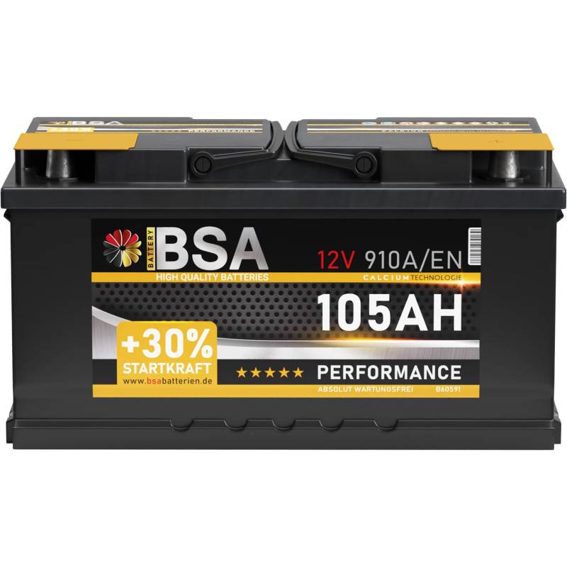 BSA Autobatterie 105Ah 12V Batterie +30% Startleistung ersetzt 88Ah 95Ah 100Ah (910A Startkraft) von BSA BATTERY HIGH QUALITY BATTERIES