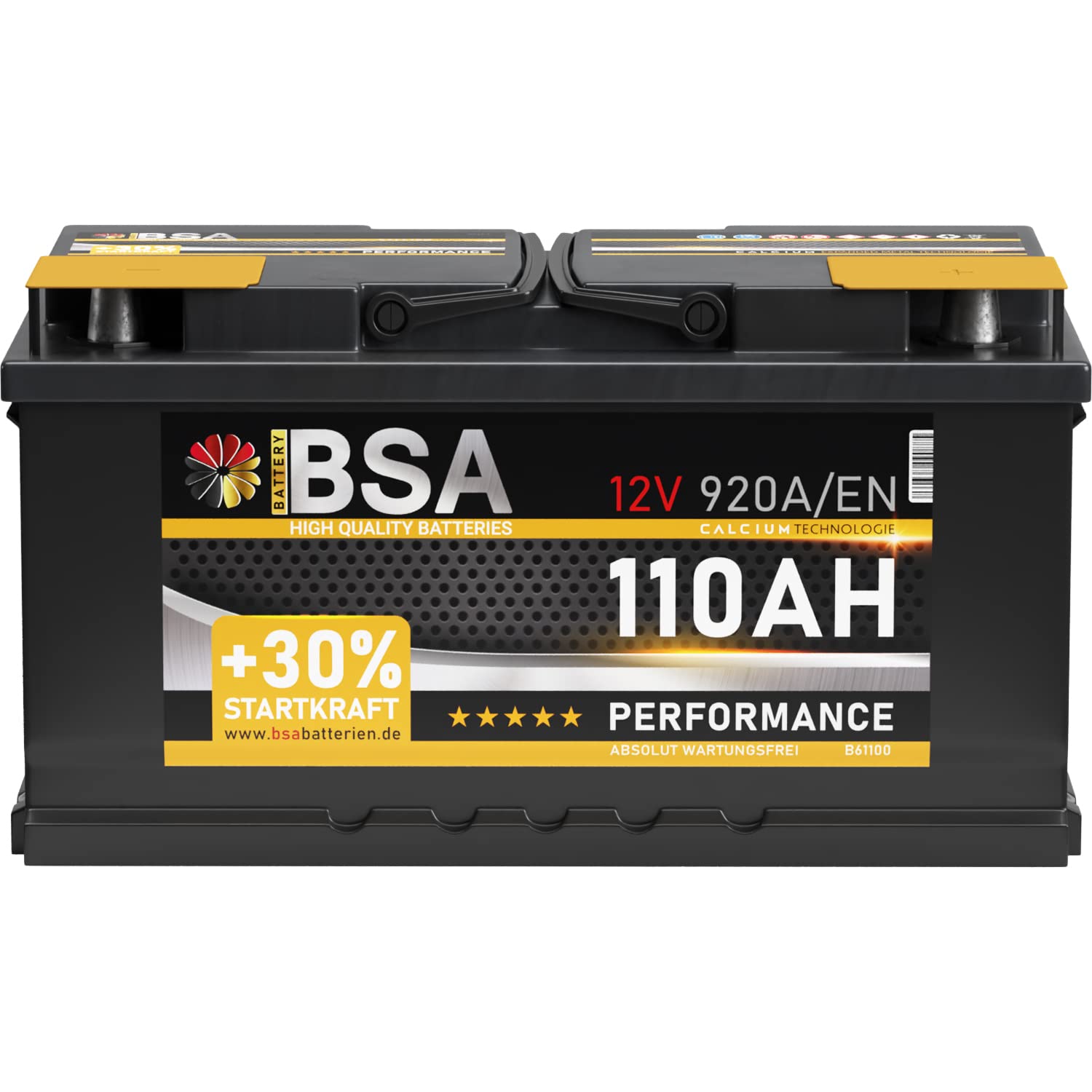 BSA Autobatterie 110Ah 12V 920A/EN ersetzt Batterie 100Ah 90Ah 105Ah 95Ah +30% Startleistung, lead acid BSA Autobatterie 110Ah 12V 920A/EN ersetzt Batterie 100Ah 90Ah 105Ah 95Ah +30% Startleistung, lead acid von BSA BATTERY HIGH QUALITY BATTERIES