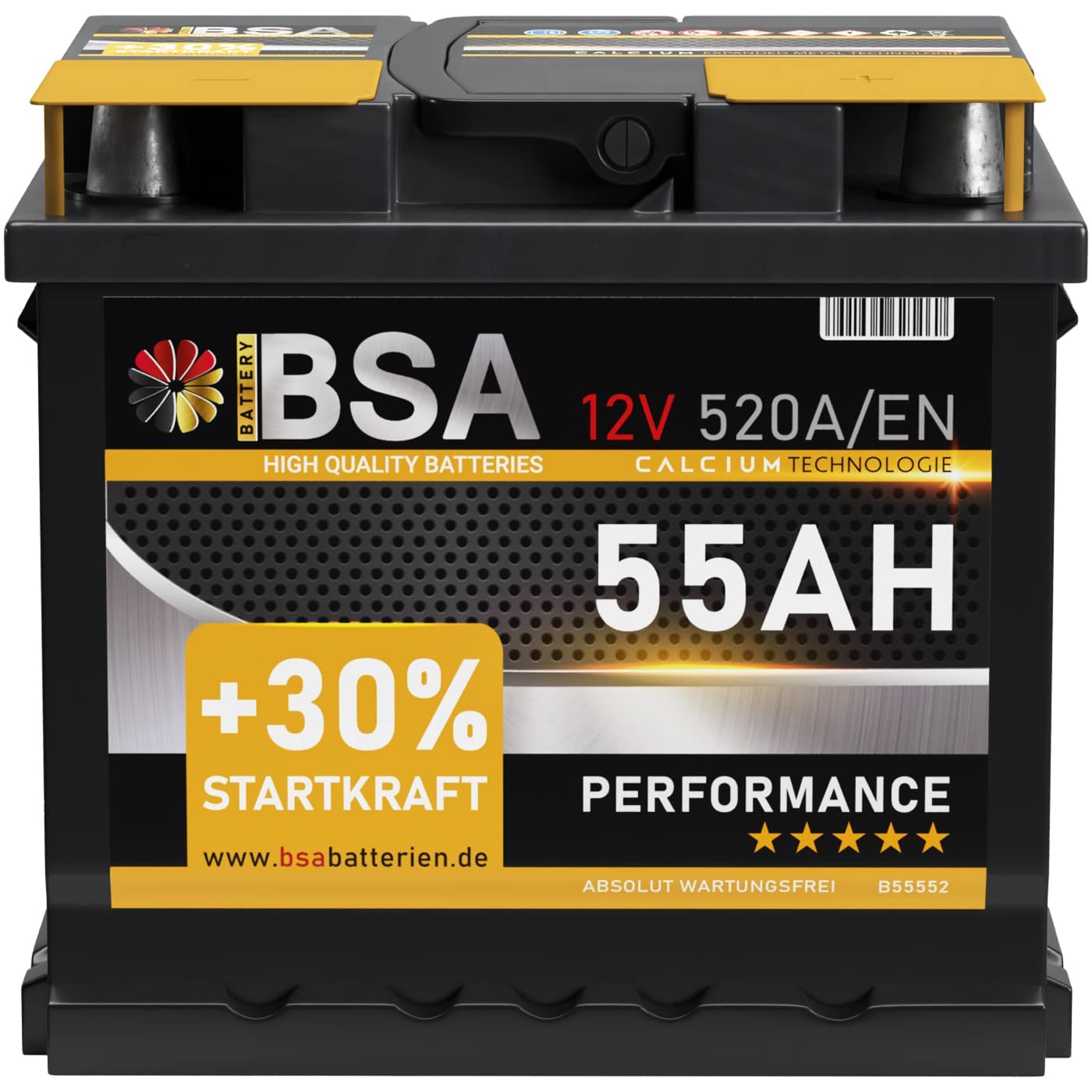 BSA Autobatterie 55Ah 12V Batterie 520A/EN +30% Startleistung ersetzt 44Ah 45AH 50AH 52AH 46AH 55AH 47Ah 53AH von BSA BATTERY HIGH QUALITY BATTERIES