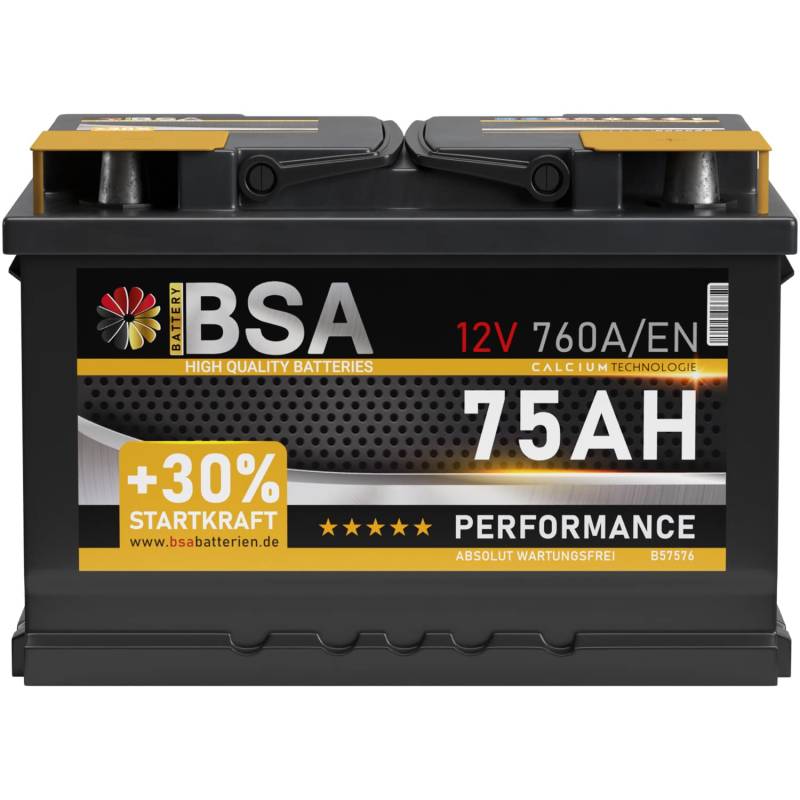 BSA Autobatterie 75Ah 12V 760A/EN +30% Startleistung Starterbatterie Batterie ersetzt 74Ah 70Ah 72Ah 77Ah, für PKW von BSA BATTERY HIGH QUALITY BATTERIES