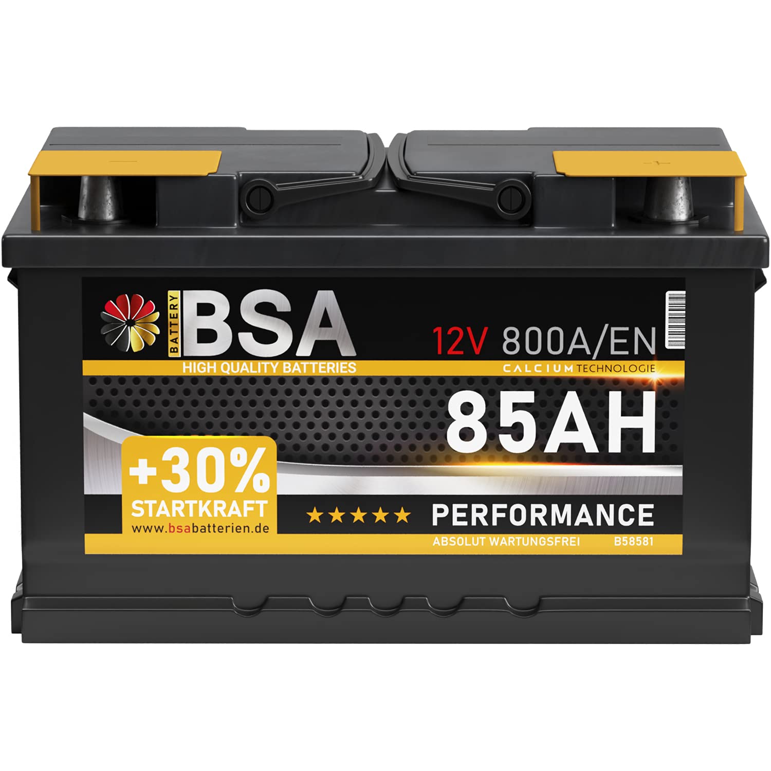 BSA Autobatterie 85Ah 12V Batterie 800A/EN +30% Startleistung ersetzt 74Ah 75Ah 77Ah 80Ah 82Ah 83Ah BSA Autobatterie 85Ah 12V Batterie 800A/EN +30% Startleistung ersetzt 74Ah 75Ah 77Ah 80Ah 82Ah 83Ah von BSA BATTERY HIGH QUALITY BATTERIES