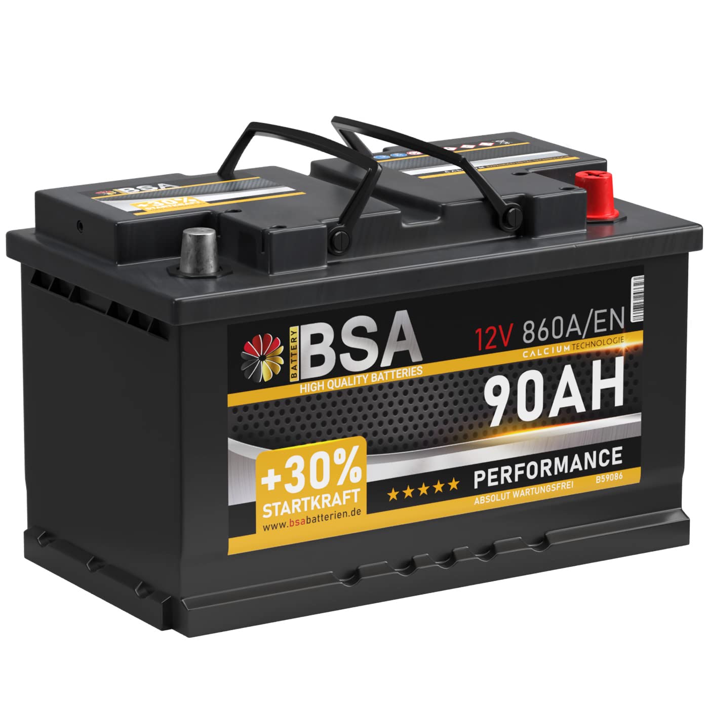 BSA Autobatterie 90Ah 12V 860A/EN +30% Startleistung Batterie ersetzt 80Ah 85Ah 88Ah BSA Autobatterie 90Ah 12V 860A/EN +30% Startleistung Batterie ersetzt 80Ah 85Ah 88Ah von BSA BATTERY HIGH QUALITY BATTERIES