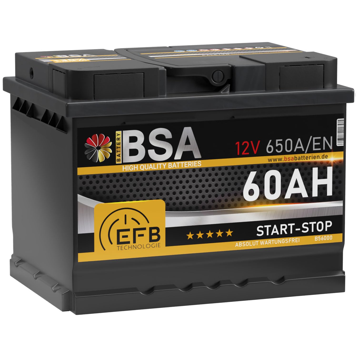 BSA EFB Batterie 60Ah 12V 650A/EN Start Stop Batterie Autobatterie Starterbatterie ersetzt 55Ah von BSA BATTERY HIGH QUALITY BATTERIES