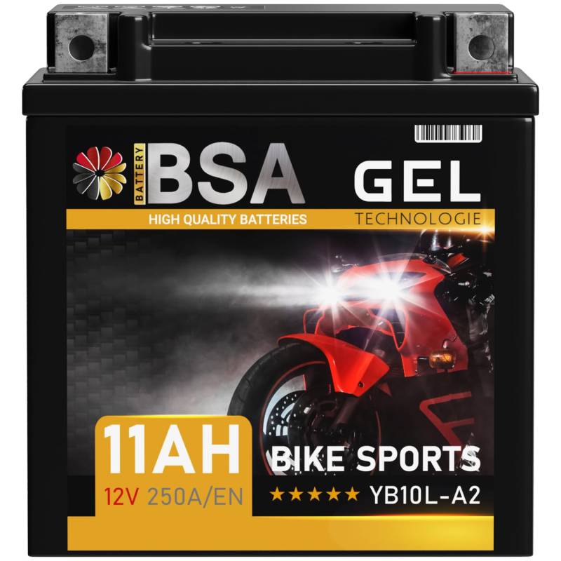 BSA YB10L-A2 GEL Roller Batterie 12V 11Ah 250A/EN Motorradbatterie doppelte Lebensdauer entspricht 51113 YB10L-A2 YB10L-B2 vorgeladen auslaufsicher wartungsfrei von BSA BATTERY HIGH QUALITY BATTERIES