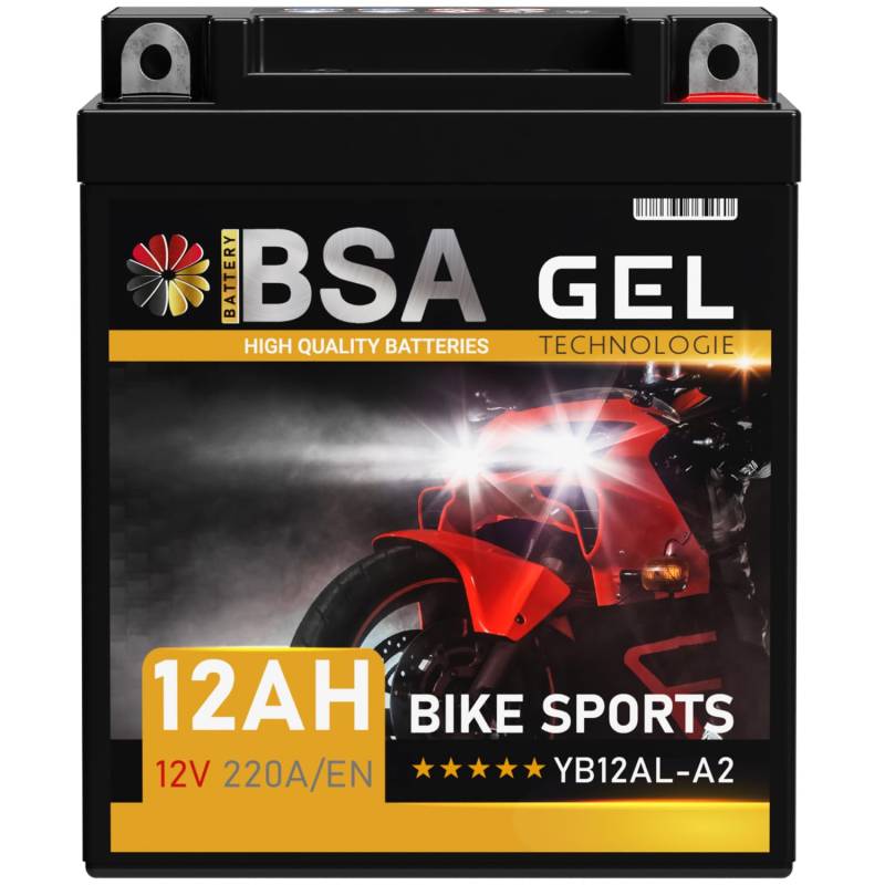 BSA YB12AL-A2 GEL Roller Batterie 12V 12Ah 220A/EN Motorradbatterie doppelte Lebensdauer entspricht 51213 GEL12-12AL-A YB12AL-A vorgeladen auslaufsicher wartungsfrei ersetzt 10Ah von BSA BATTERY HIGH QUALITY BATTERIES