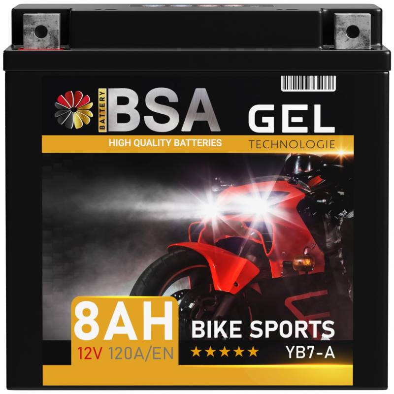 BSA YB7-A GEL Roller Batterie 12V 8Ah 120A/EN Motorradbatterie doppelte Lebensdauer entspricht 50813 12N7-4A vorgeladen auslaufsicher wartungsfrei von BSA BATTERY HIGH QUALITY BATTERIES