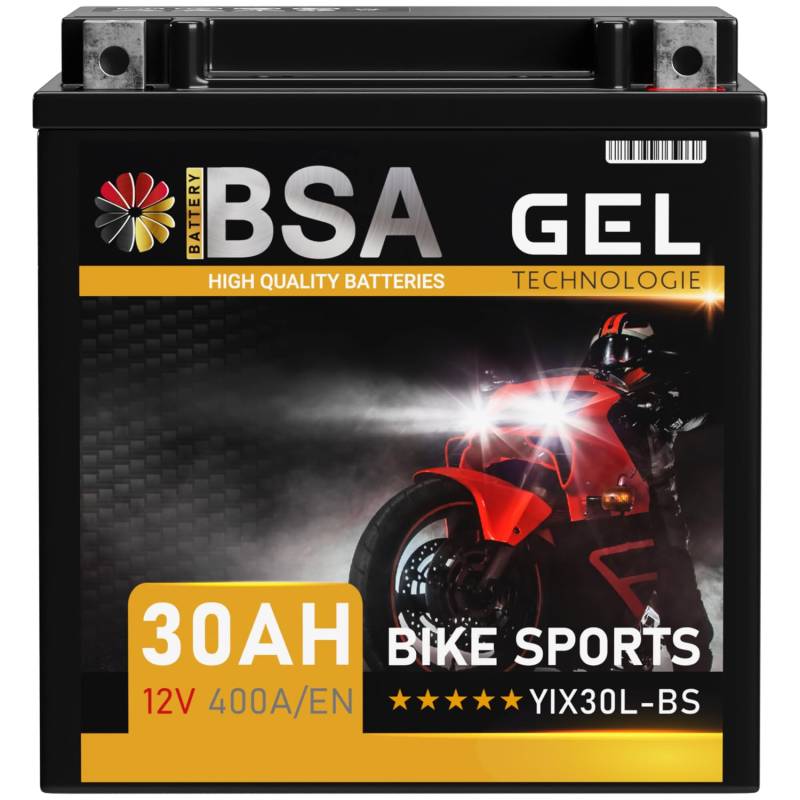 BSA YIX30L-BS GEL Roller Batterie 12V 30Ah 400A/EN Motorradbatterie doppelte Lebensdauer entspricht YB30L-BS 83200 vorgeladen auslaufsicher wartungsfrei ersetzt 30Ah von BSA BATTERY HIGH QUALITY BATTERIES