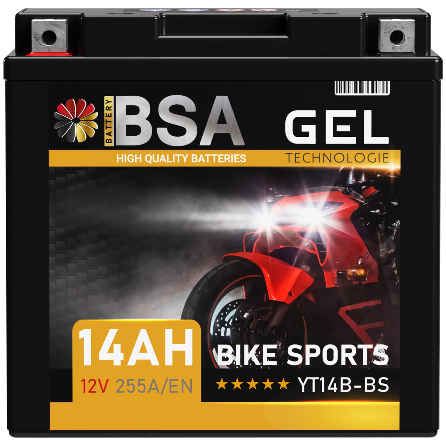 BSA YT14B-BS GEL Roller Batterie 12V 14Ah 255A/EN Motorradbatterie doppelte Lebensdauer entspricht 51201 51422 GT14B-4 YT14B-4 vorgeladen auslaufsicher wartungsfrei von BSA BATTERY HIGH QUALITY BATTERIES