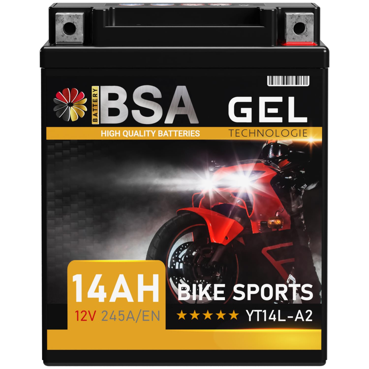 BSA YT14L-A2 GEL Motorradbatterie 12V 14Ah 245A/EN Batterie doppelte Lebensdauer entspricht 51411 12N14-3A FB14L-A2 YB14L-A2 YB14L-B2 vorgeladen auslaufsicher wartungsfrei BSA YT14L-A2 GEL Motorradbatterie 12V 14Ah 245A/EN Batterie doppelte Lebensdauer entspricht 51411 12N14-3A FB14L-A2 YB14L-A2 YB14L-B2 vorgeladen auslaufsicher wartungsfrei von BSA BATTERY HIGH QUALITY BATTERIES
