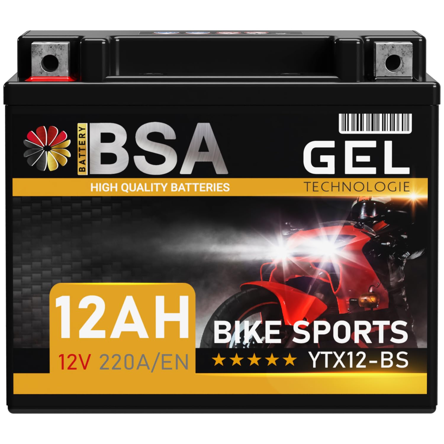 BSA YTX12-BS GEL Motorradbatterie 12V 12Ah 220A/EN Batterie doppelte Lebensdauer entspricht CTX12-BS 51012 GTX12-BS Quad vorgeladen auslaufsicher wartungsfrei von BSA BATTERY HIGH QUALITY BATTERIES