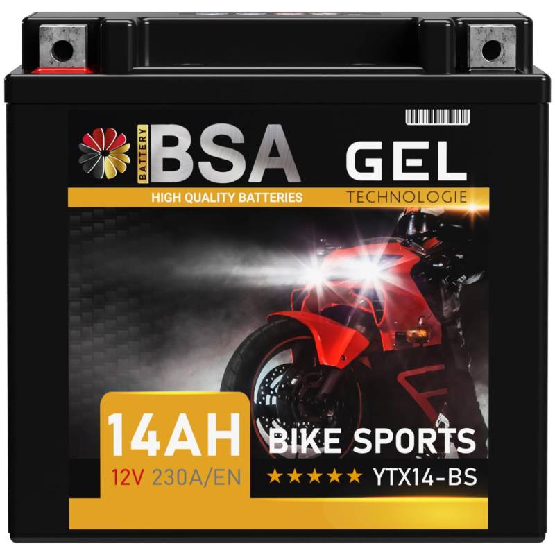 BSA YTX14-BS GEL Motorradbatterie 12V 14Ah 230A/EN Batterie doppelte Lebensdauer entspricht 51214 YTX14-4 CTX14-BS GTX14-BS vorgeladen auslaufsicher wartungsfrei von BSA BATTERY HIGH QUALITY BATTERIES