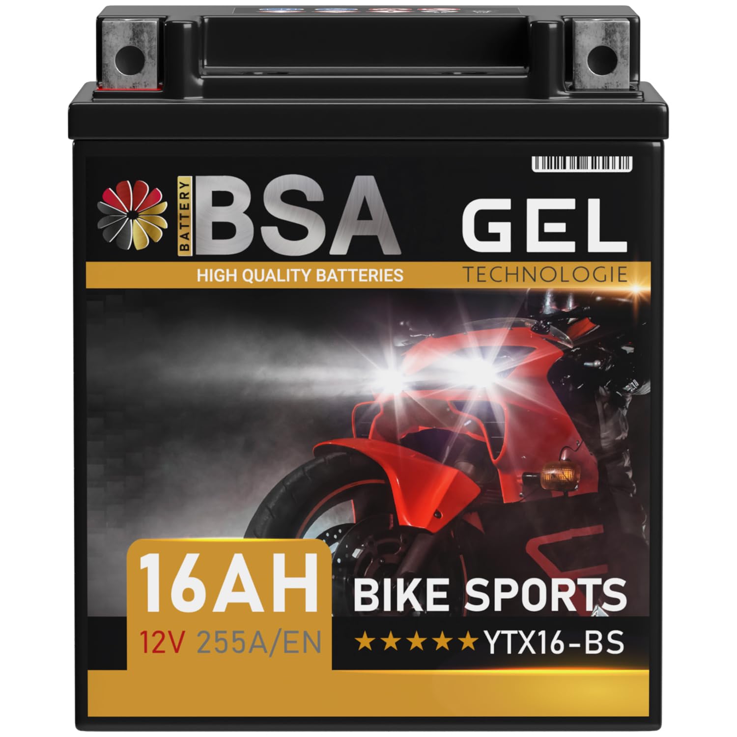 BSA YTX16-BS GEL Roller Batterie 12V 16Ah 255A/EN Motorradbatterie doppelte Lebensdauer entspricht 51422 YTX16-4 YTX16BS ETX16-BS vorgeladen auslaufsicher wartungsfrei ersetzt 14Ah von BSA BATTERY HIGH QUALITY BATTERIES