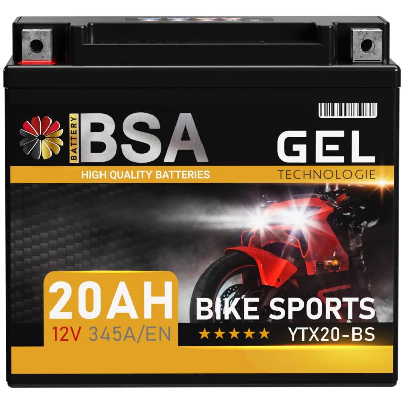 BSA YTX20-BS GEL Roller Batterie 12V 20Ah 345A/EN Motorradbatterie doppelte Lebensdauer entspricht 51822 CTX20-BS GTX20-BS vorgeladen auslaufsicher wartungsfrei von BSA BATTERY HIGH QUALITY BATTERIES
